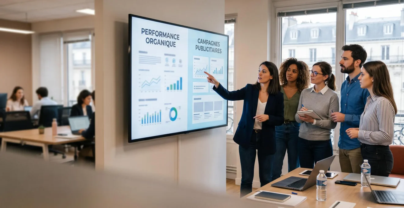 Équipe marketing analysant conjointement SEO et Google Ads sur un tableau de bord