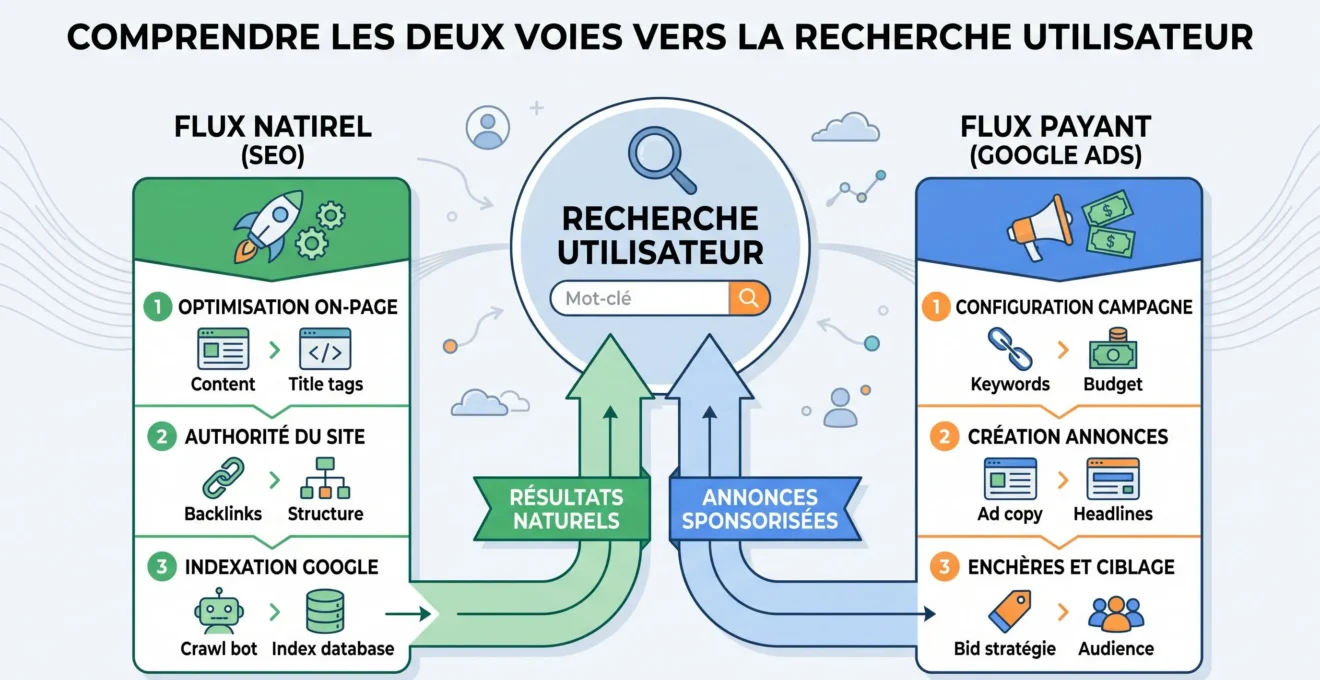 Schéma expliquant la différence entre visibilité SEO et visibilité Google Ads